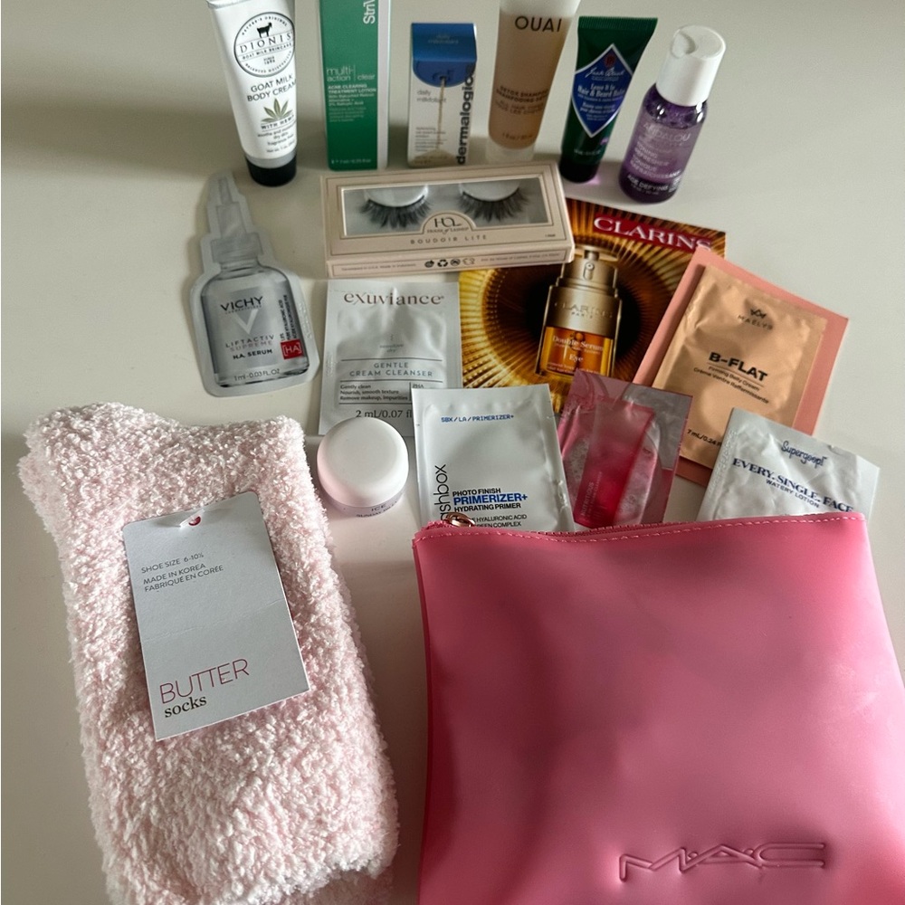 MAC New Pink Cosmetic Bag with Skincare Samples and Butter Socks